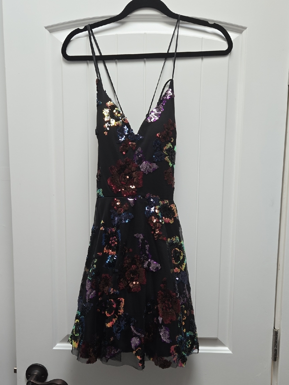 Black Sequin Floral V-Neck Mini Dress with Multicolor Embroidery B Darlin